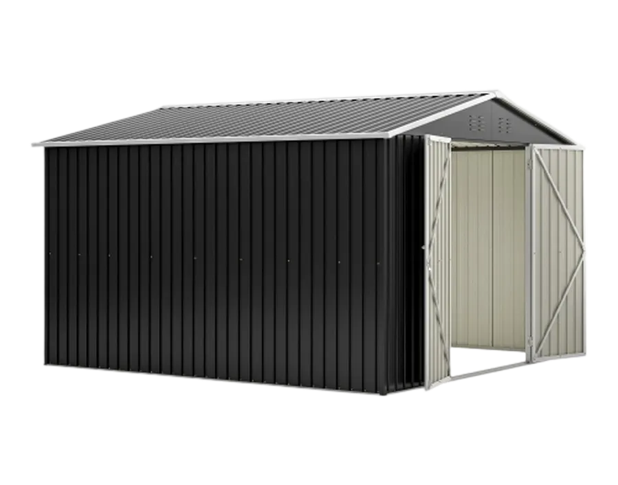 A small green metal storage shed with a sloped roof, surrounded by plants